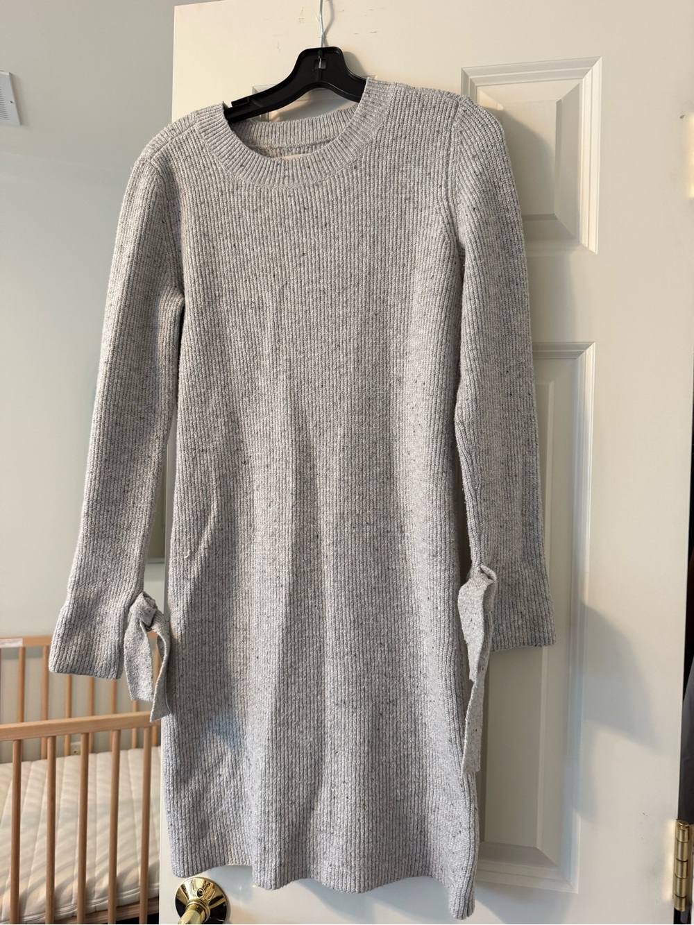 LOFT Light Gray Ribbed Knit Tie-Sleeve Dress